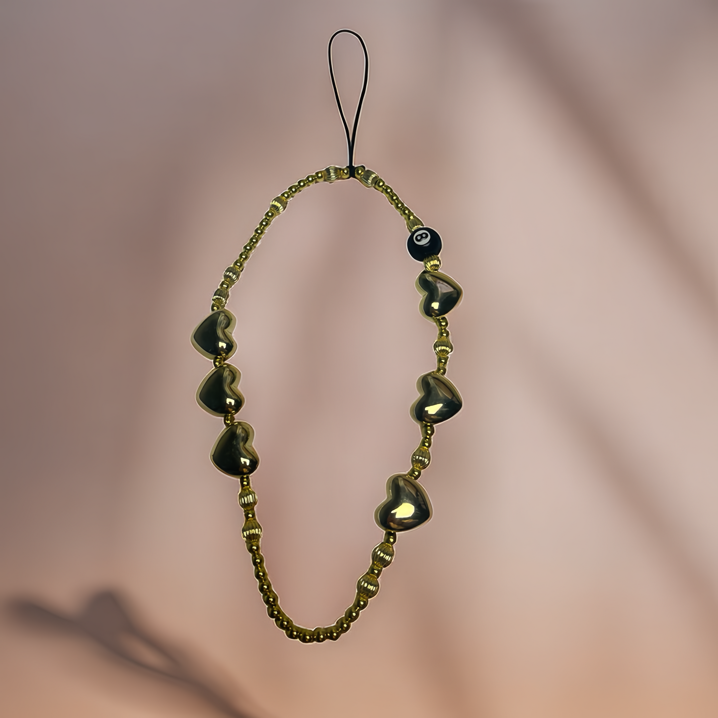 Phone strap : Lucky number 8 with golden heart shape